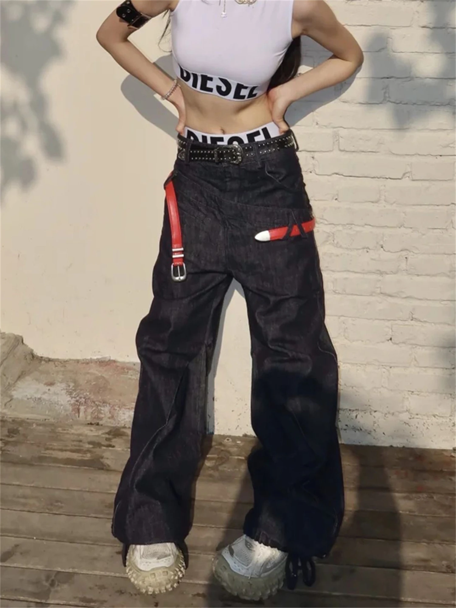 

Women's High Waist Wide Leg Black Jeans Red Strap Detail Cargo Style Vintage Y2K Streetwear Denim Trousers