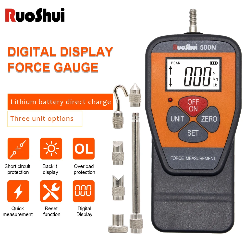 RuoShui Digital Force Gauge Push Pull Force Tester Equipment Portable Meter High Precision Press 100N/200N/300N/500N Dynamometer