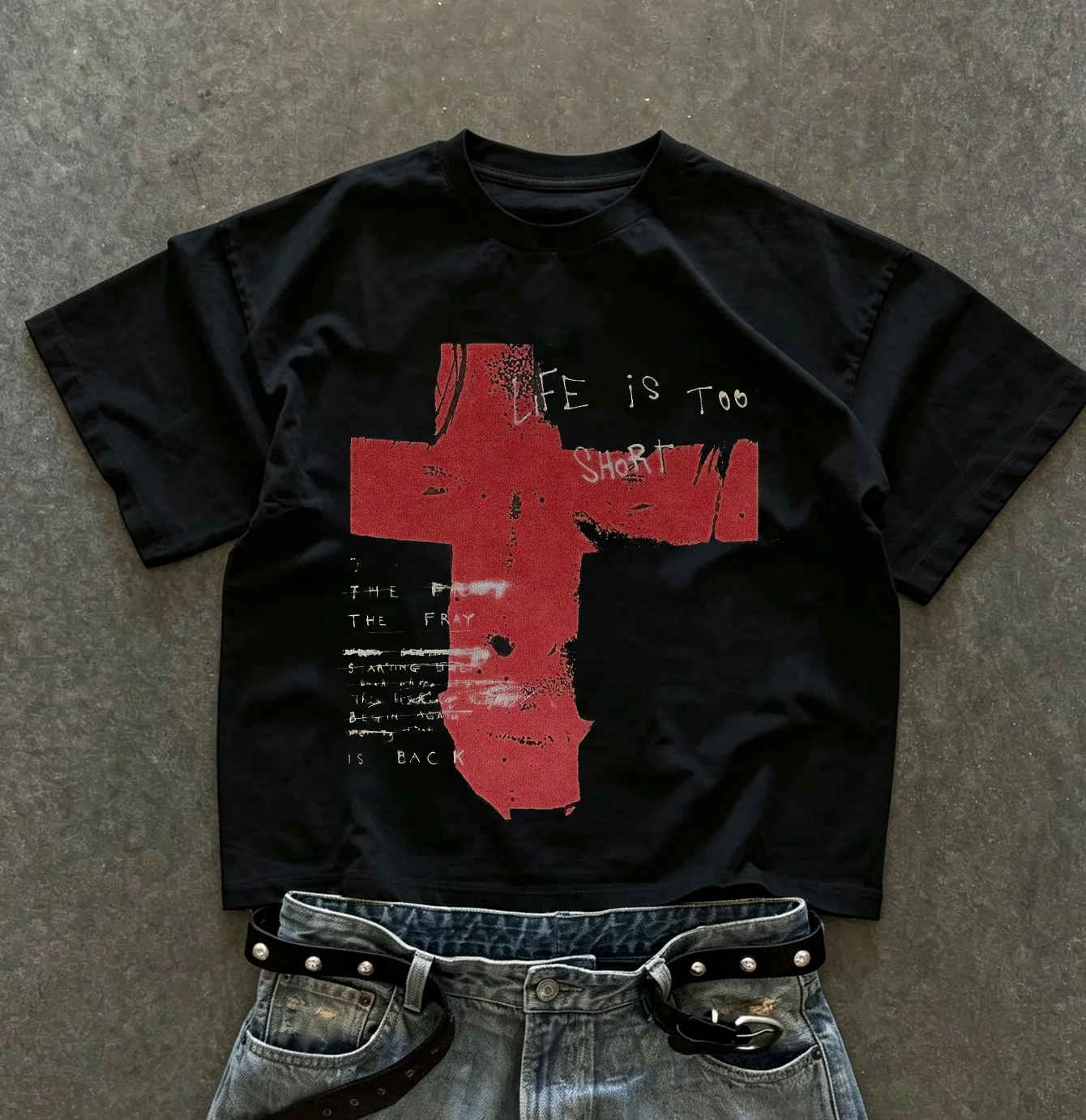 2026 Oversized Cropped Cotton T‑Shirt For Adults Kids Retro Grunge Distressed Handwriting Slogan Print Street Short Sleeve Tee