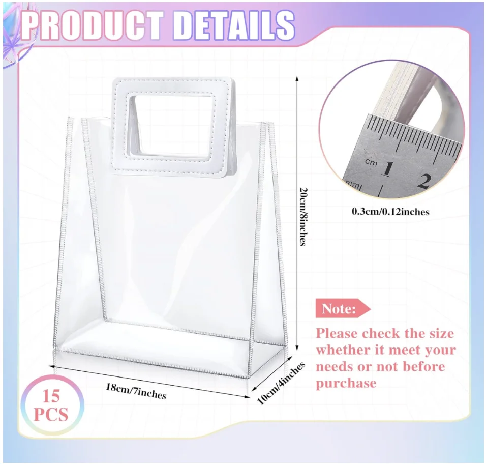 15 Pack Clear Gift Bags with Handles Transparent PVC Gift Bag Heavy Duty Gift Wrap Bags Large Reusable Plastic Bags for Bridal