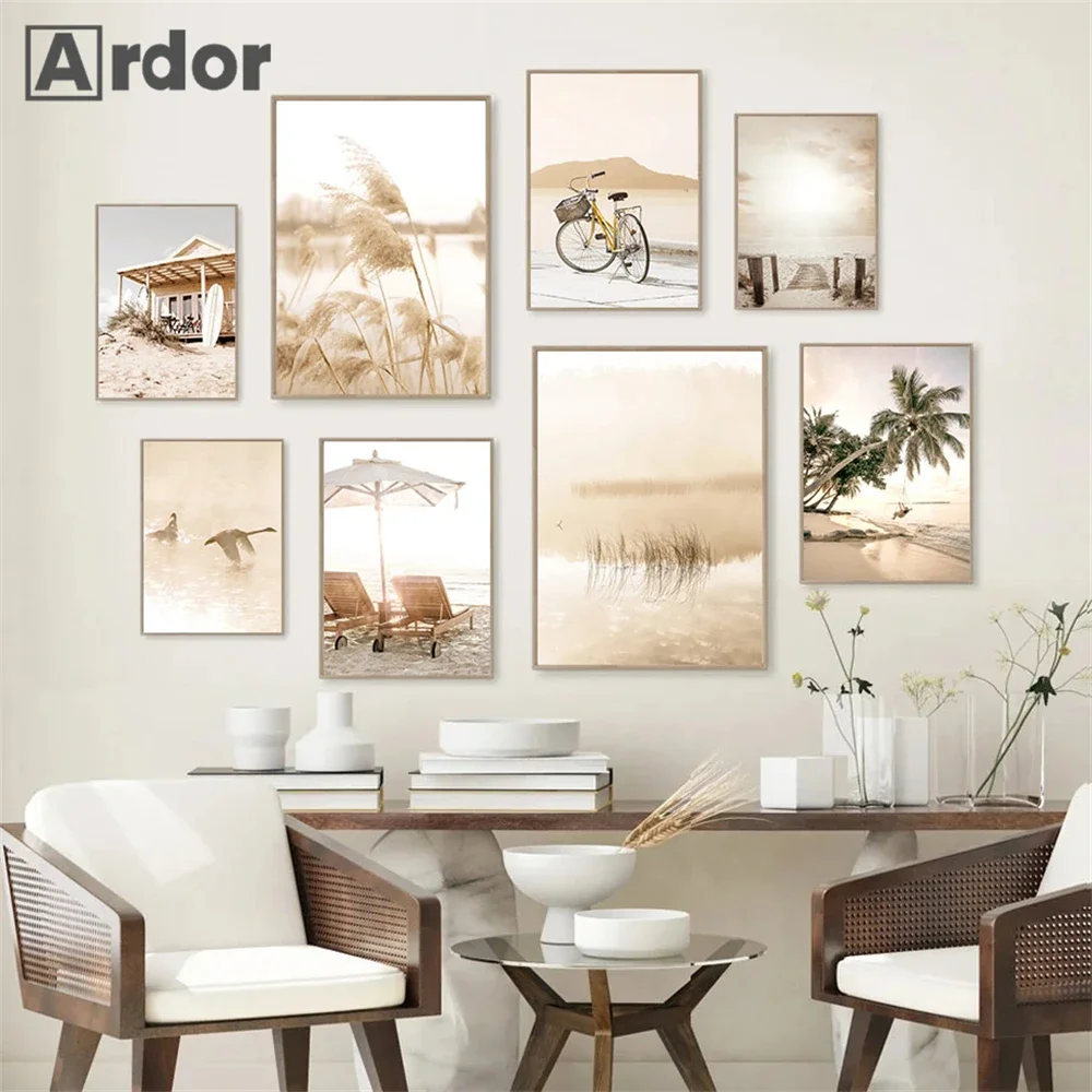 

Beige Scenery Beach Canvas Prints Reed Painting Poster Coconut Tree Wall Art Print Bridge Bike Nordic Wall Pictures Home Decor