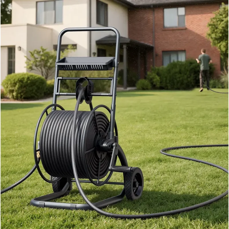 High-Capacity Garden Hose Reel Trolley Sturdy Mobile Hose Winding Cart with Storage Rack for Commercial & Residential