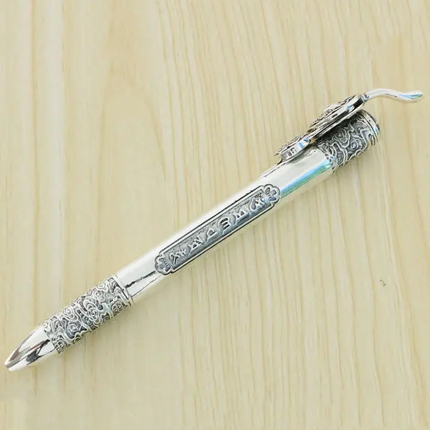 

High grade all silver craft ornament Tang grass grain sterling silver classical ballpoint pen Retro Thai silver hollow out offic