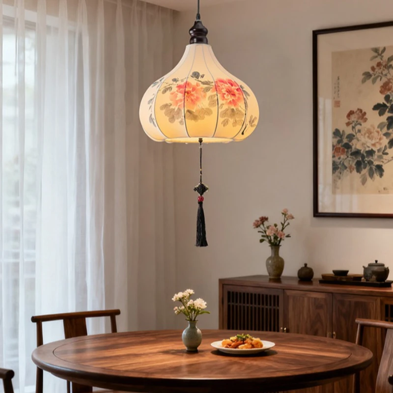 American Fabric Pendant Lights Peony Flower Design Hanging Lamp Restaurant Study Bedroom Atmosphere Embellish Ceiling Chandelier