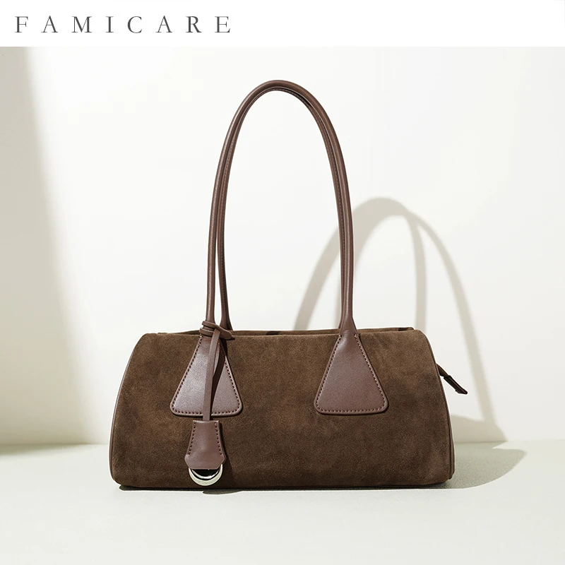 Unique French Minimalist Triangle Suede Leather Single Shoulder Pillow Bag New Boston Handbag Fashion Women Handheld Tote Bag