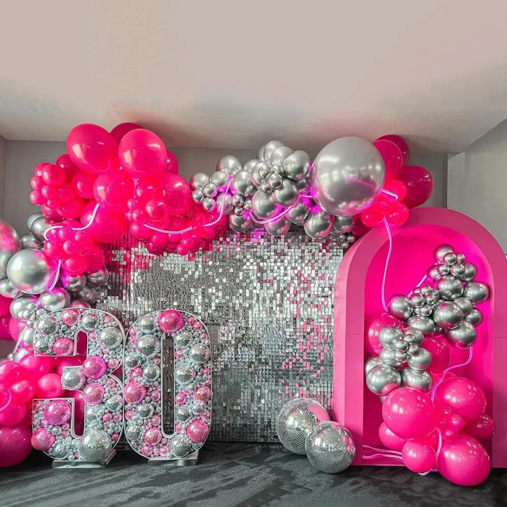 132 Pieces Rose Pink Silver 4D Foil Balloon Garland Arch Set, Girls Birthday Baby Shower Wedding Bachelorette Party Decoration
