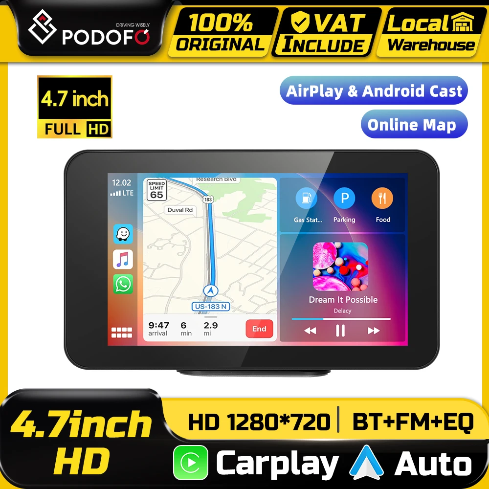Podofo 4,7'' Carplay Armaturenbrett-Monitor Android Auto Mirror Link Tragbare Auto-Dashcam Videorekorder BT FM-Übertragung USB TF-Karte EQ-Sound