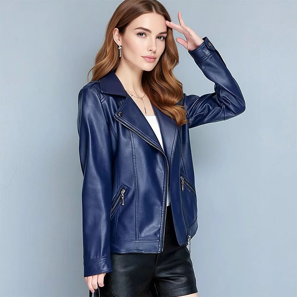 New Women Split Leather Jacket Spring Autumn Fashion Turn-down Collar Long Sleeve Slim Motorcycle Leather Jacket Casual Coat