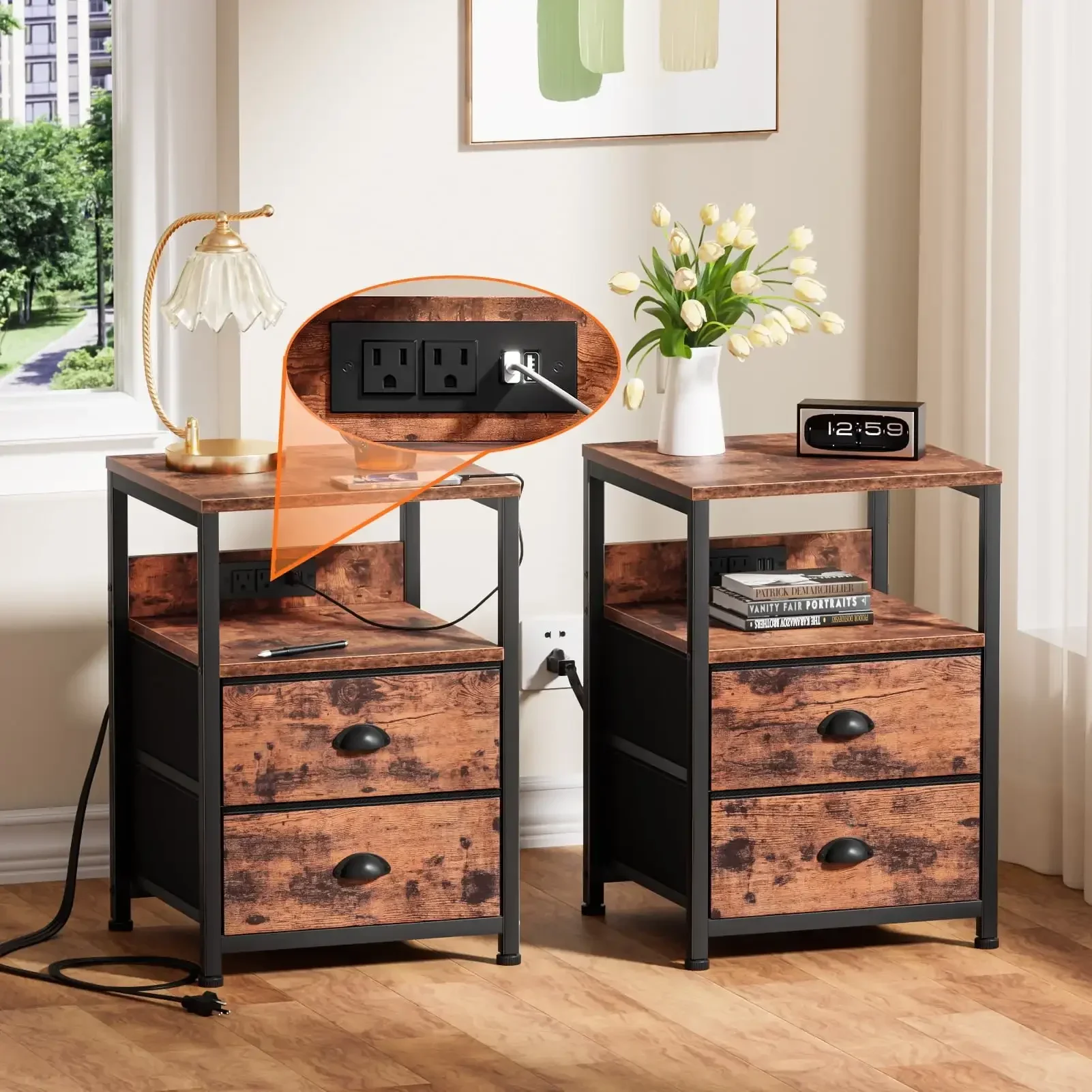 

Nightstand Set of 2, Side End Table with Charging Station, 2 Drawers, Rustic Brown