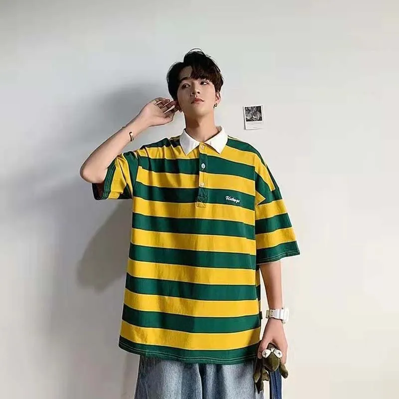 Hong Kong Wind Striped T-shirt Male Ins Trend Wild Loose Upper Summer Simple Half Sleeve 2022 New Tide Brand Short Sleeve