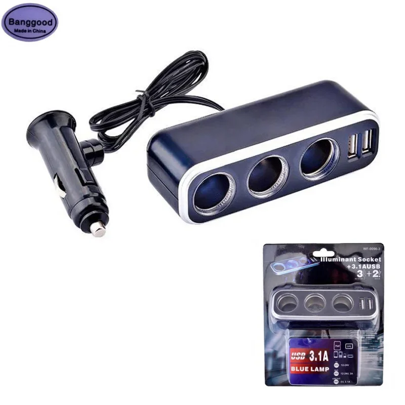 DC 12V/24V 120W 3 Way Universal Car Cigarette Lighter Adapter illuminant Sockets 5V 3.1A Output Dual USB Ports Splitter Charger