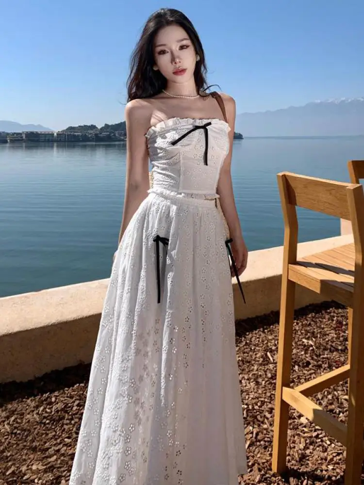 

Summer Women's Two Piece Set White Off Shoulder Sexy Hollow Backless Ruffles Strapless Bow Short Tops And High Waist Mini Skirts