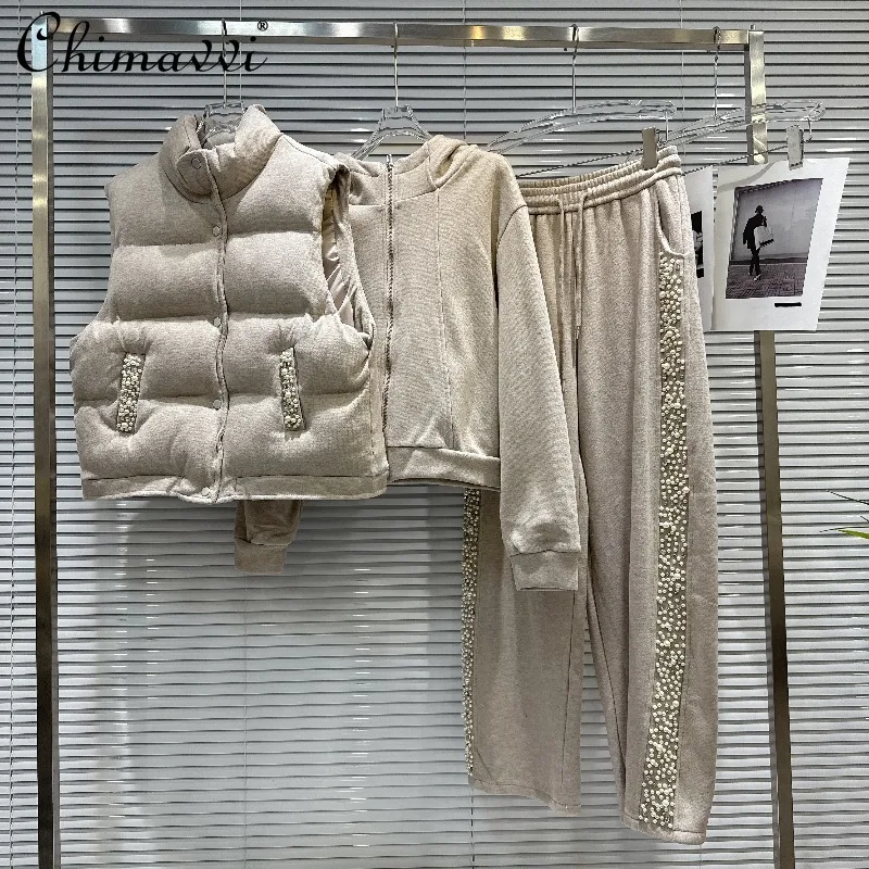 

2025 Winter Clothes New Fashion Hot Girl Heavy Pearl Edge Cotton Vest + Zipper Sweatshirt + Fleece Casual Pants Women's Set