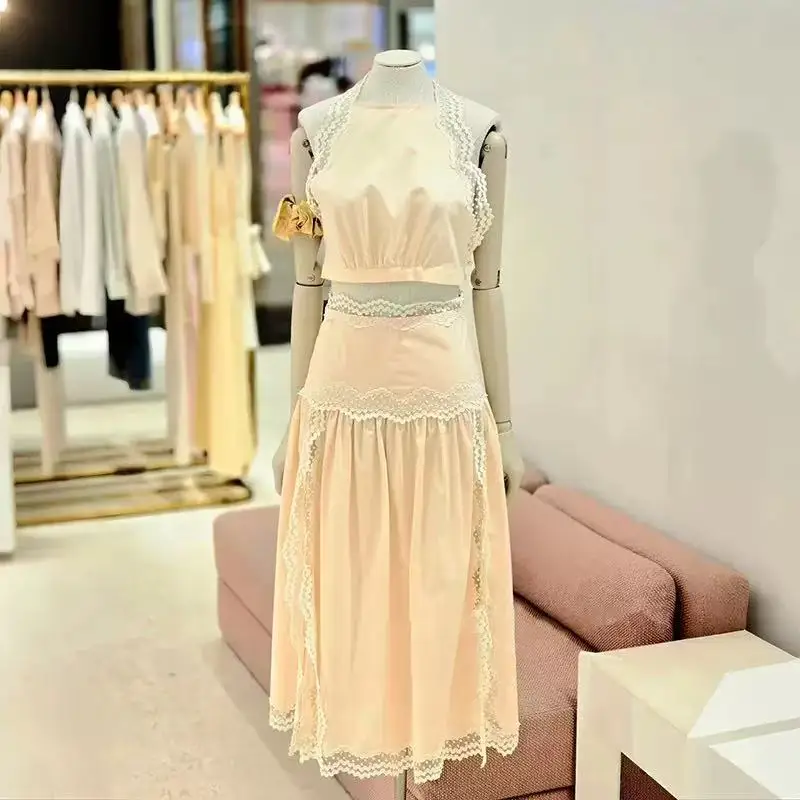 

2026 Summer Women Lace Edge Splice Off Shoulder Vest Sleeveless Short Tank Top + High Waist A-Line Midi Skirt