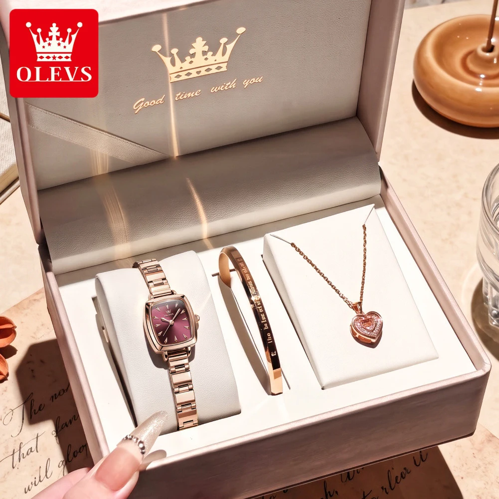 OLEVS 5695 Women Quartz Watch 3Pcs Gift Set Square Gold Stainless Steel Wristwatch Heart Necklace Bracelet Ladies Luxury Watch