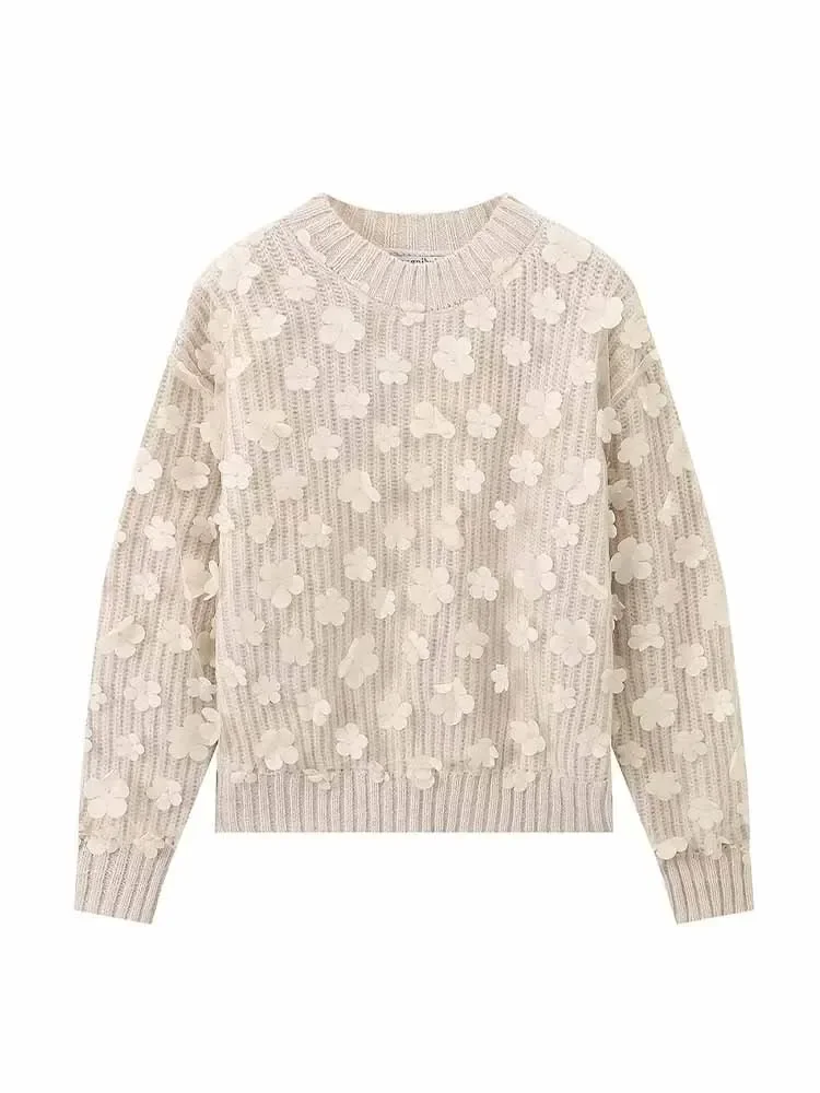 

Women's New Fashion Flower Decoration Casual Short Splicing O Neck Knitted Sweater Retro Long Sleeve Women's Pullover Chic Top
