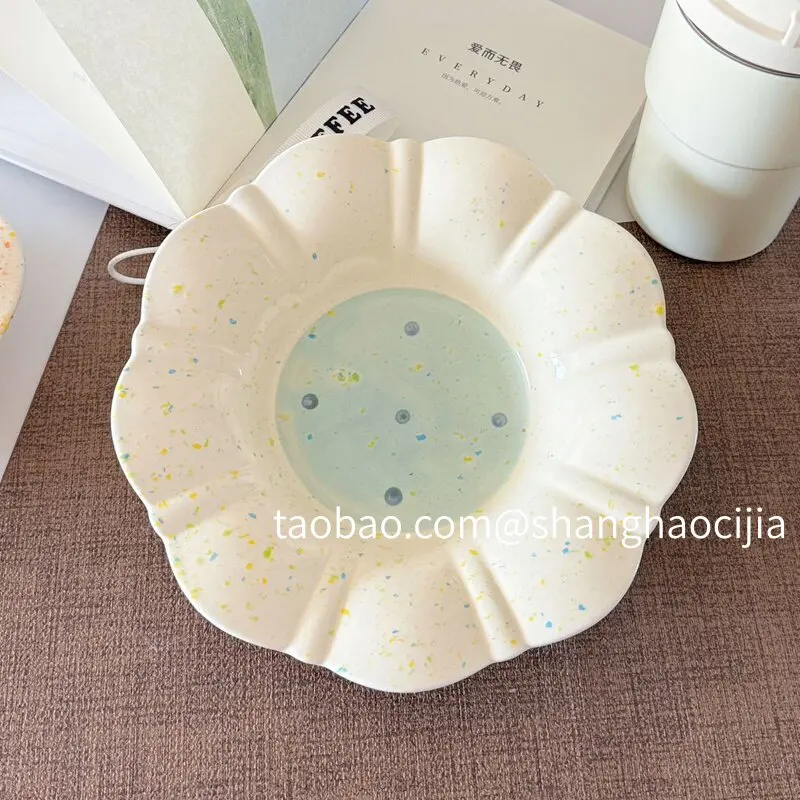 Speckled Flower Shape Ceramic Plate Irregular Scalloped Edge Salad Fruit Dish Cute Pastel Splash Ink Dinner Plate for Home