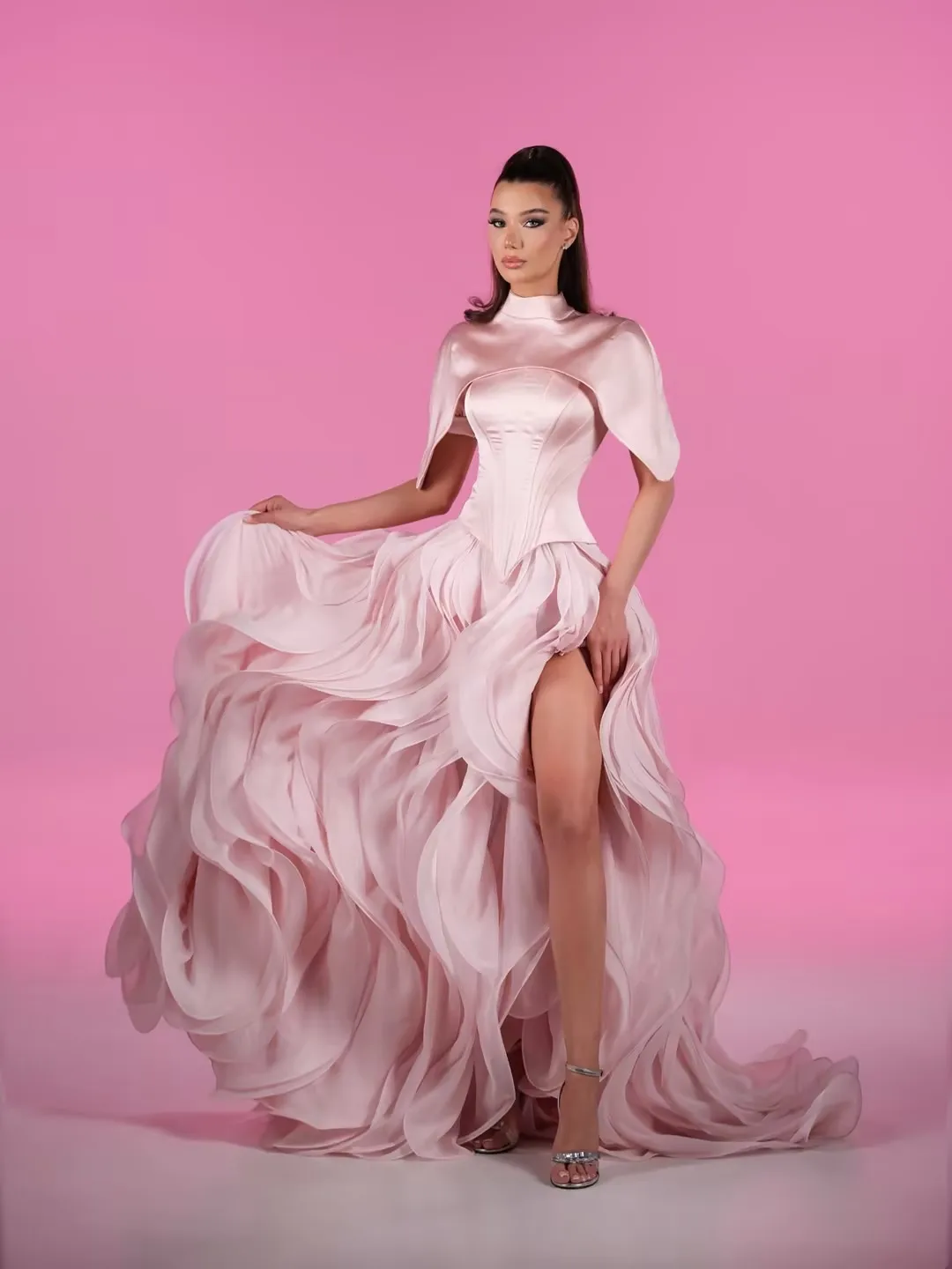 Xijun Luxury Long Pink Evening Dresses Ruffles Jacket Formal Dubai Prom Dresses Ruched Sweetheart A-Line Prom Gowns Customized