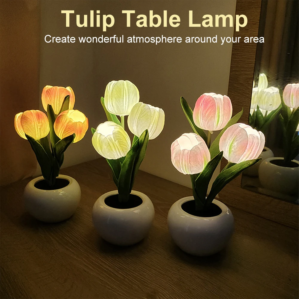 2023 LED Tulip Lamp Night Simulation Flower Lamp Atmosphere Night Light with Pot Nightlights Tulips Table Lamp Room Decor