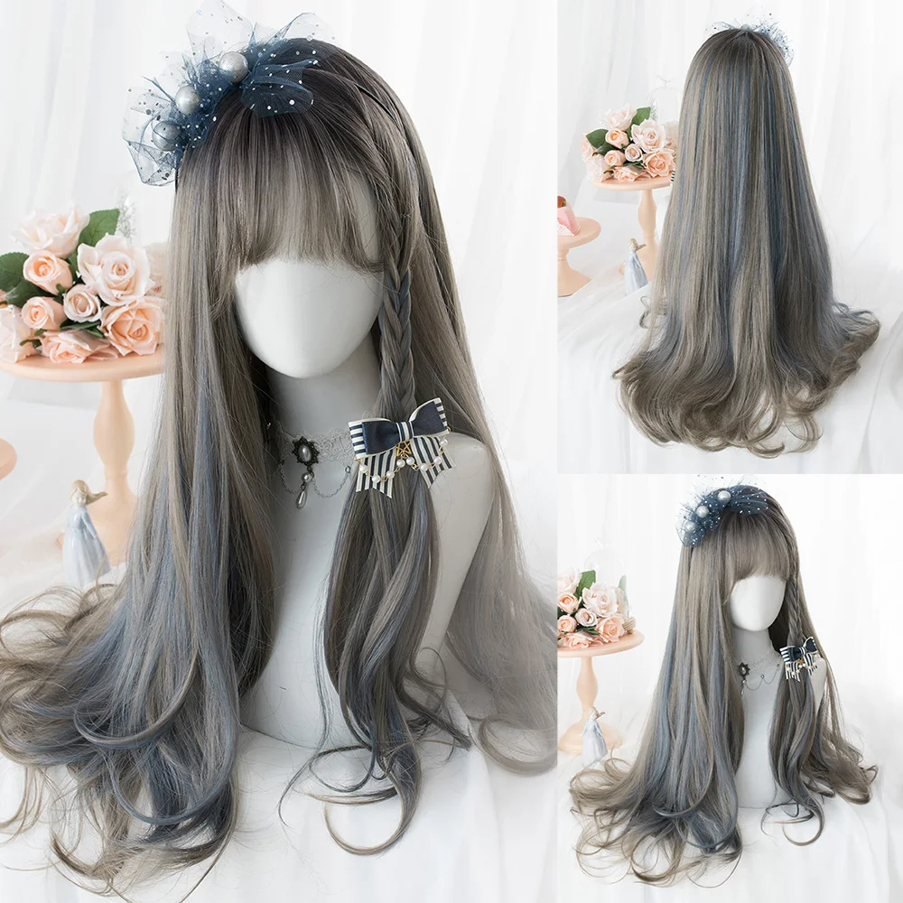 26 Zoll silbergrau Highlight grau blau mit Knall synthetische Perücken lange natürliche glatte Haar Perücke für Frauen Cosplay hitze beständig