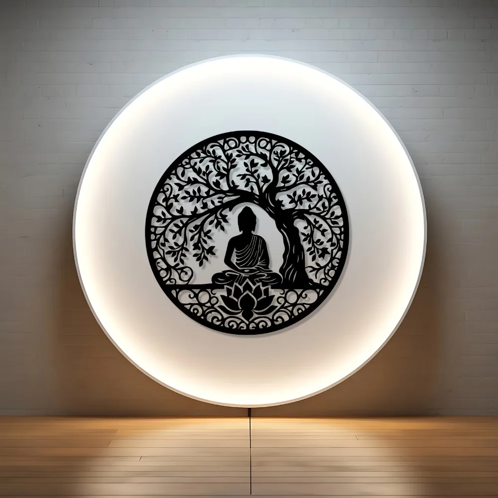 Weatherproof Lotus Buddha Tree Metal Wall Hanging Spiritual Outdoor Art for Garden Fence Meaningful Gift for Diwali Vesak