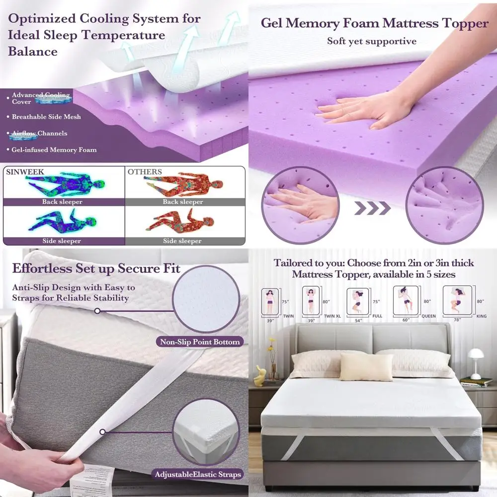 

2 Gel Memory Foam Mattress Topper with Cooling Cover and Ventilated Base, Certified, Twin