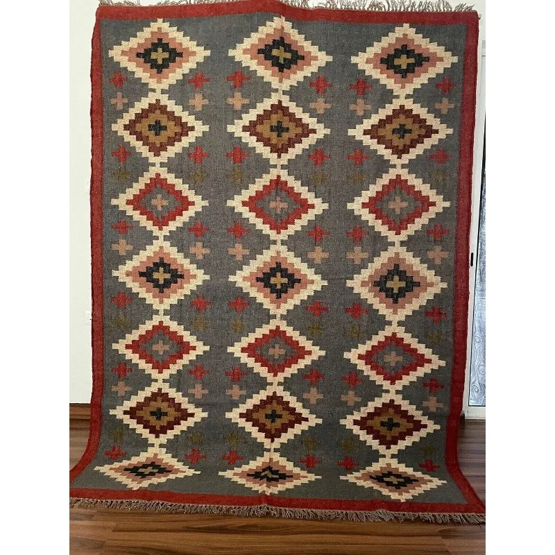 Rug Wool Jute Runner Vintage Kilim Accent Rug Geometric Handwoven Boho Area Rugs