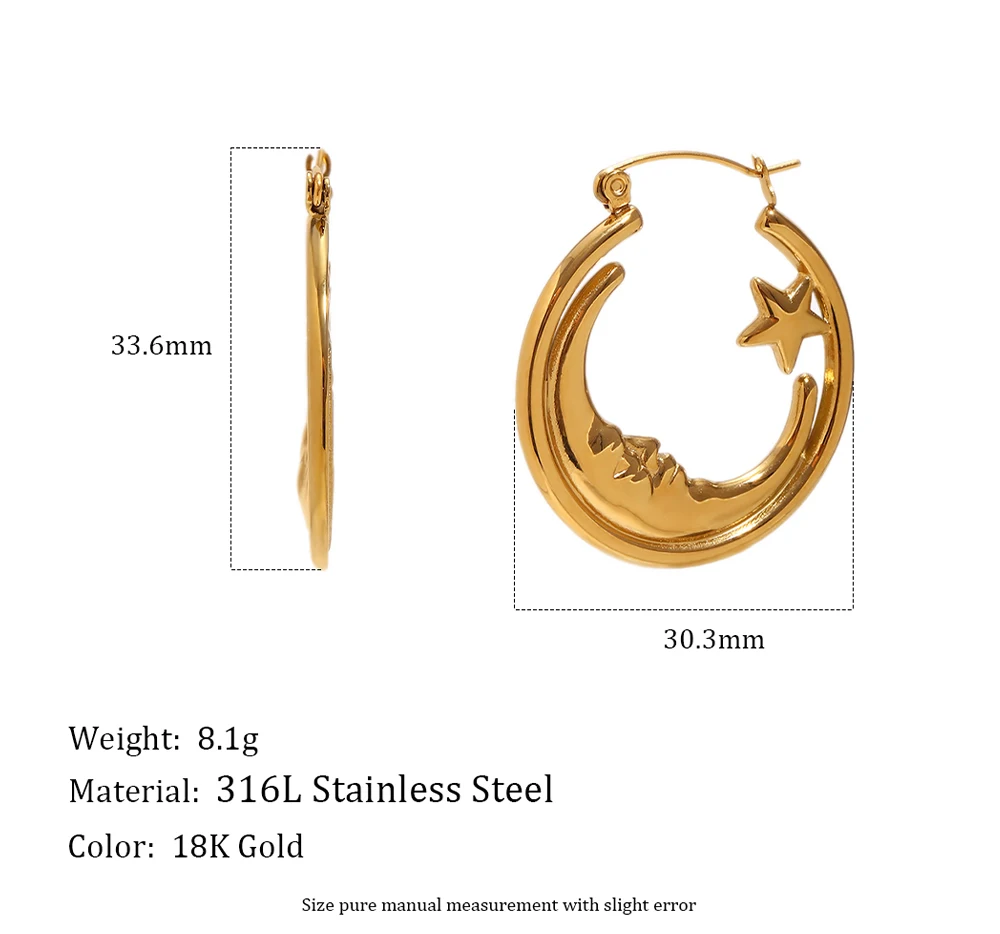 MamacitaSlay Einzigartige 316L Edelstahl Mond-Stern-Creolen, 18K vergoldet, wasserdichter Schmuck für Damen, Alltagskleidung, Geschenk – Detail 2