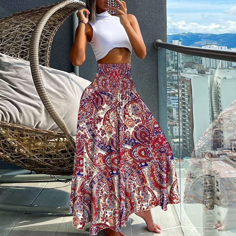 Vintage Bohemia Print Vakantie Jurk Vrouw Zomer Nieuwe Elastische Hoge Taille Dunne Mode Rokken Elegante Woon-Werkverkeer Feestrok