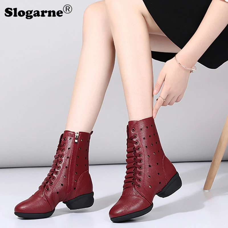 2024 Summer Hollow Jazz Boots Women 4CM Heels Modern Latin Jazz Ballroom Dance Shoes Ladies Mesh Soft Sole Dance Sports Boots