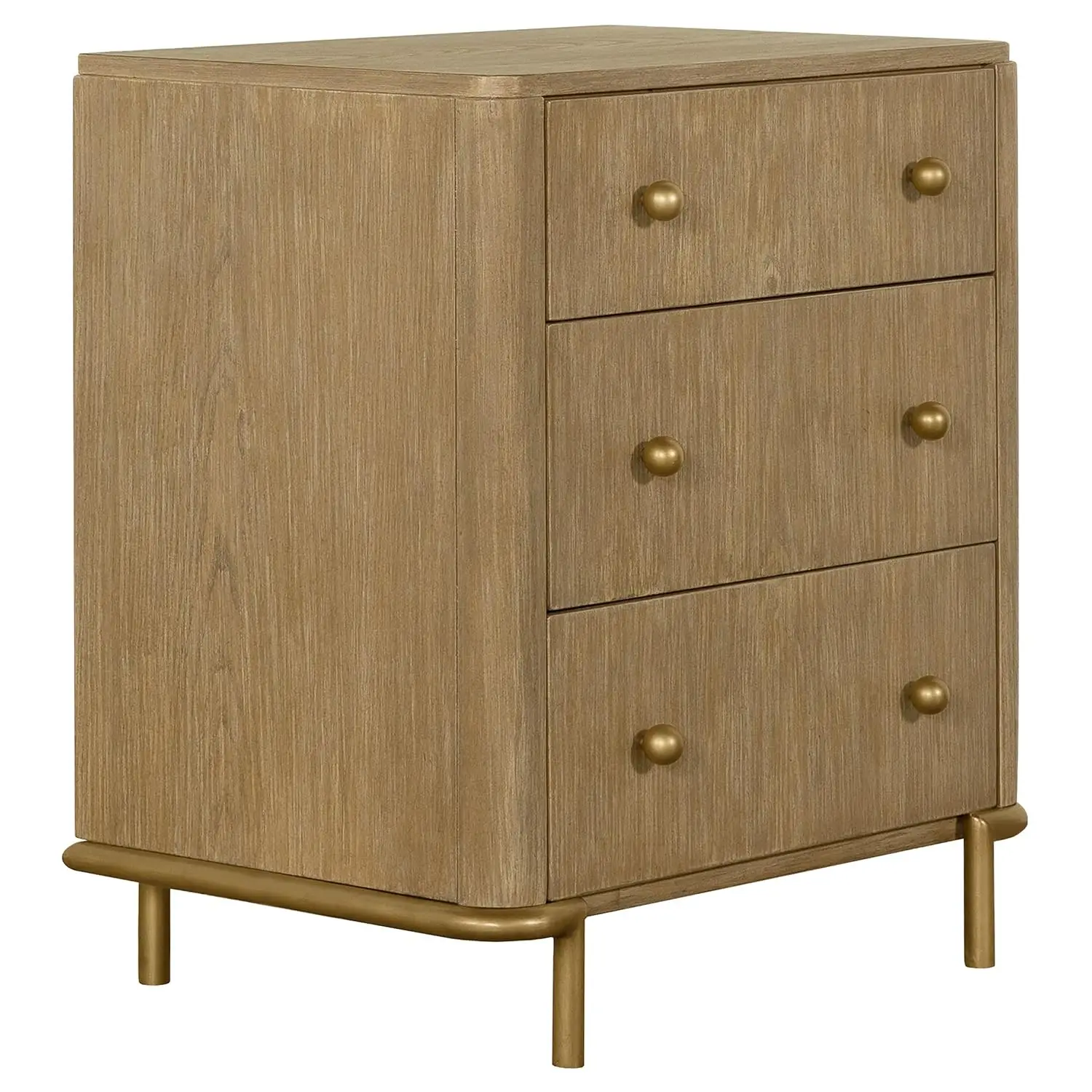 Wood 3-Drawer Nightstand With Dual USB Ports Felt-Lined Drawer Aged Brass Knobs Metal Base Bedroom Sand Wash, Customized