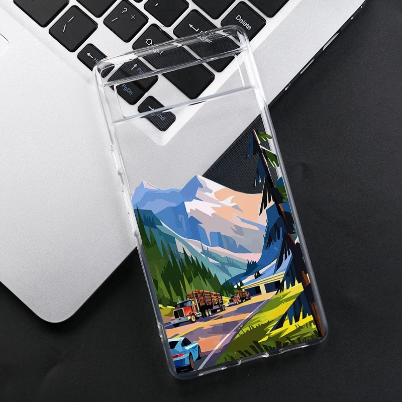 Snow Mountain Lake Landscape Phone Case for Google Pixel 6A 8 Pro 8A 6 5G 7 Pro 7A Hand Painted Clear Soft TPU Back Cover Fundas