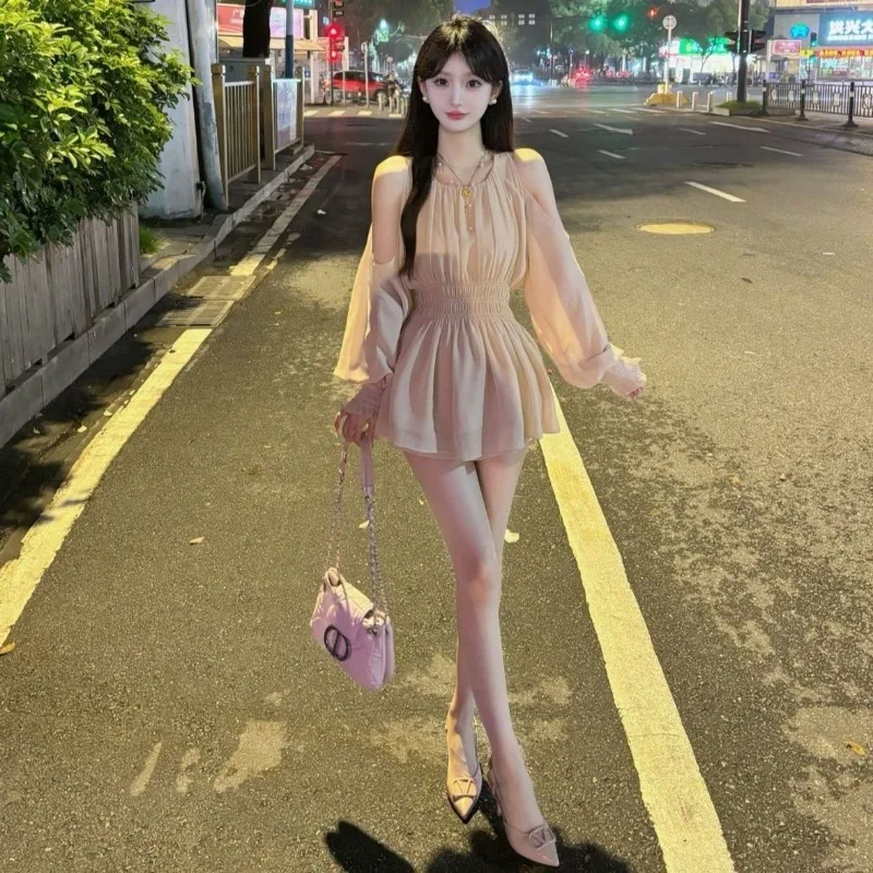 

Women's Summer Elegant Cold Shoulder Puff Sleeve Chiffon Dress High Waist Shorts Two Piece Set