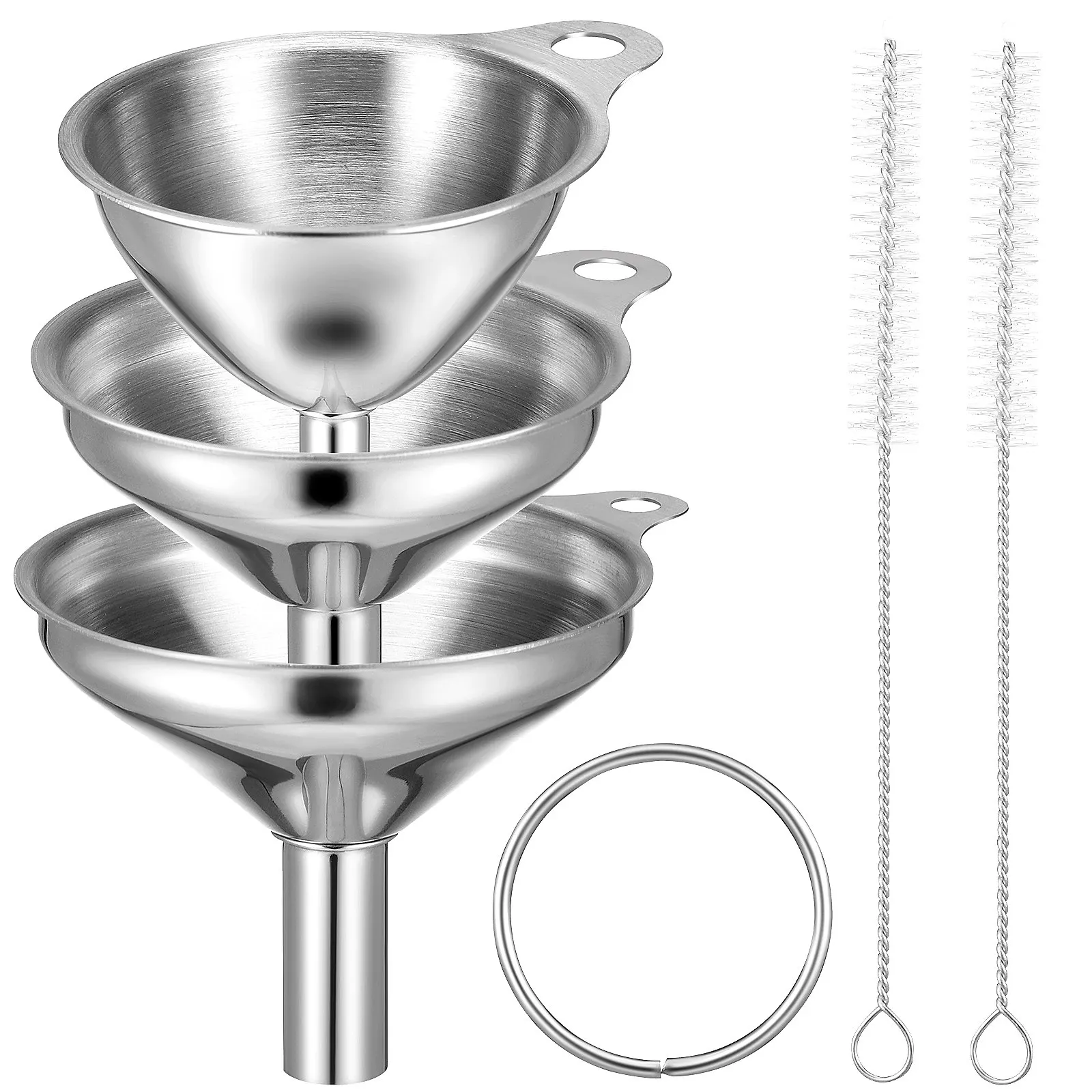 1Set Stainless Steel Funnel Set for Kitchen Oil Beer Juice Bottles Filling Wide Mouth Transferring Cooking Tools with Cleaning