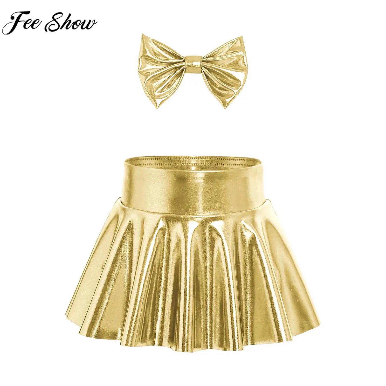 

Baby Girls Fashion Metallic Shiny Diaper Cover Pleated Skirt Built-in Briefs with Headband Birthday Party Photography Costume