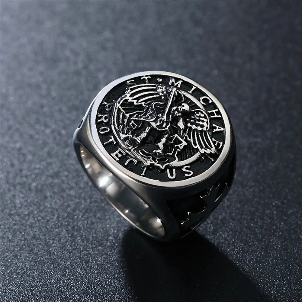 Mens Stainless Steel Catholic Archangel St Saint Michael Ring Size 7-15 view 2
