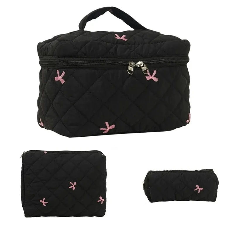 Quilted Makeup Bag 3Pcs Large Capacity Toiletry Pouch Set Portable Cosmetic Zipper Tote Bag For Travel Organizer