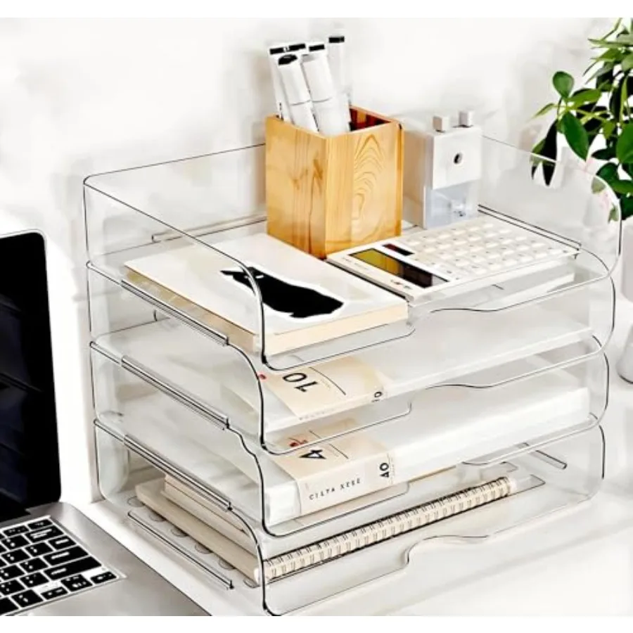 Organizador de escritorio apilable de 4 niveles de gran capacidad con bandejas de papel ajustables para uso en oficina, hogar y escuela, gestión eficiente de archivos