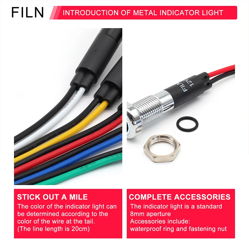 FILN 2PCS LED Indicator Light 8MM 12V Metal Indicator Dash Pilot Light with Wire for Car Dashboard Marine Truck Machinery