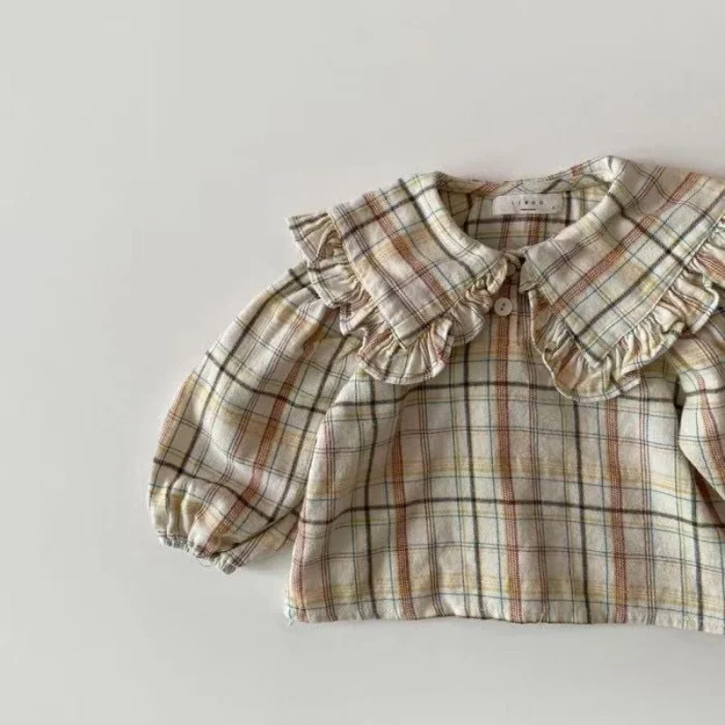 Baby Girl Plaid Shirt Korean Style 2026 Spring and Autumn Newborn Bubble Sleeve Pullover Shirt Baby Cute Cotton Shirt