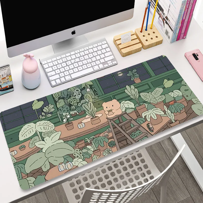 Green Plant Large Gaming Mousepad XXL Gamer Mouse Pad Size For Office Long Table Mat Kawaii Desk For Teen Girls For Bedroom Mats