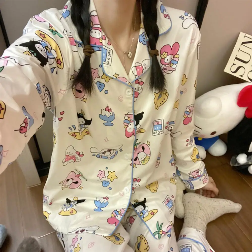 

Kawaii Sanrios Hello Kitty женский пижамный костюм Cinnamoroll Kuromi кардиган с героями мультфильмов пижамы аниме свободная милая домашняя одежда для девочек