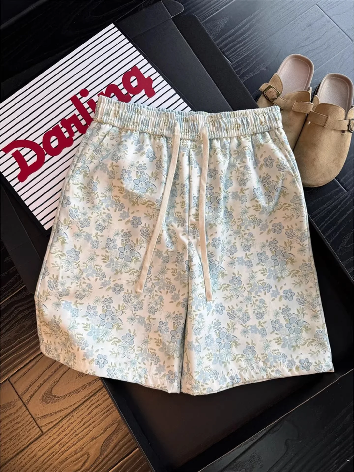 

Blue White Contrast Color Floral Print Men's Shorts Beachwear Quick Dry Five-Quarter Length Outdoor Casual Fashion Shorts