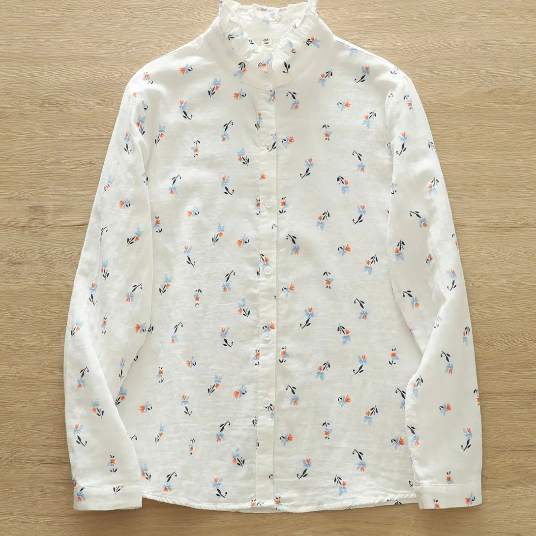 Women Floral Print White Shirts 100% Cotton Yarn Blouse Long Sleeve Blue Flower Lady Tops Japanese Style Casual Female Clothes