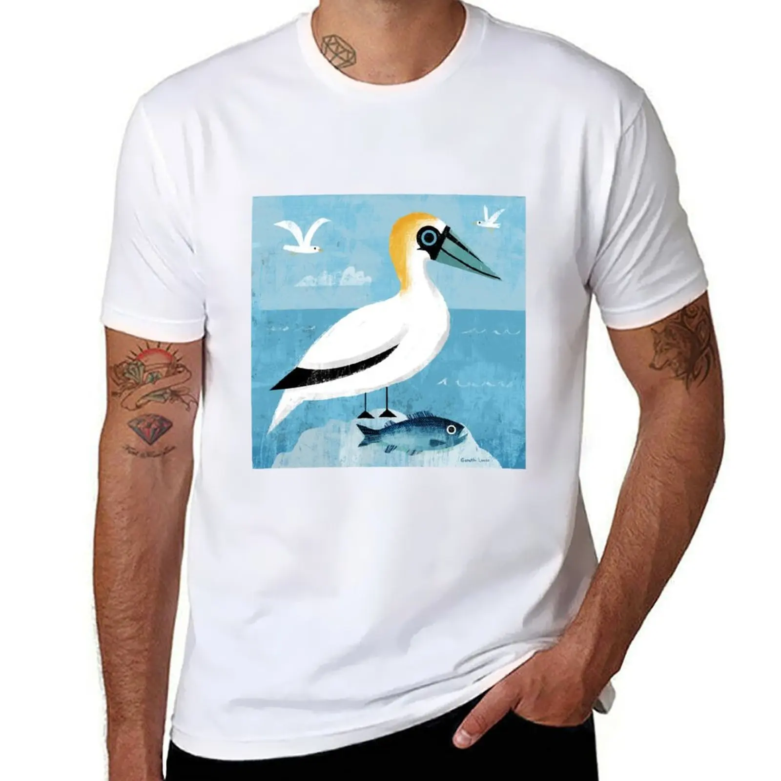 

Футболка Gannet and fish, мужские винтажные хлопковые футболки с графическим рисунком, высококачественная мужская футболка с рисунком, футболка