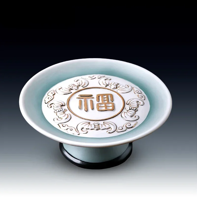 Ceramic Fortune Character High Foot Fruit Plate tray Buddha statue Bodhisattva offering fruit platter Buddha's Tribute Plate