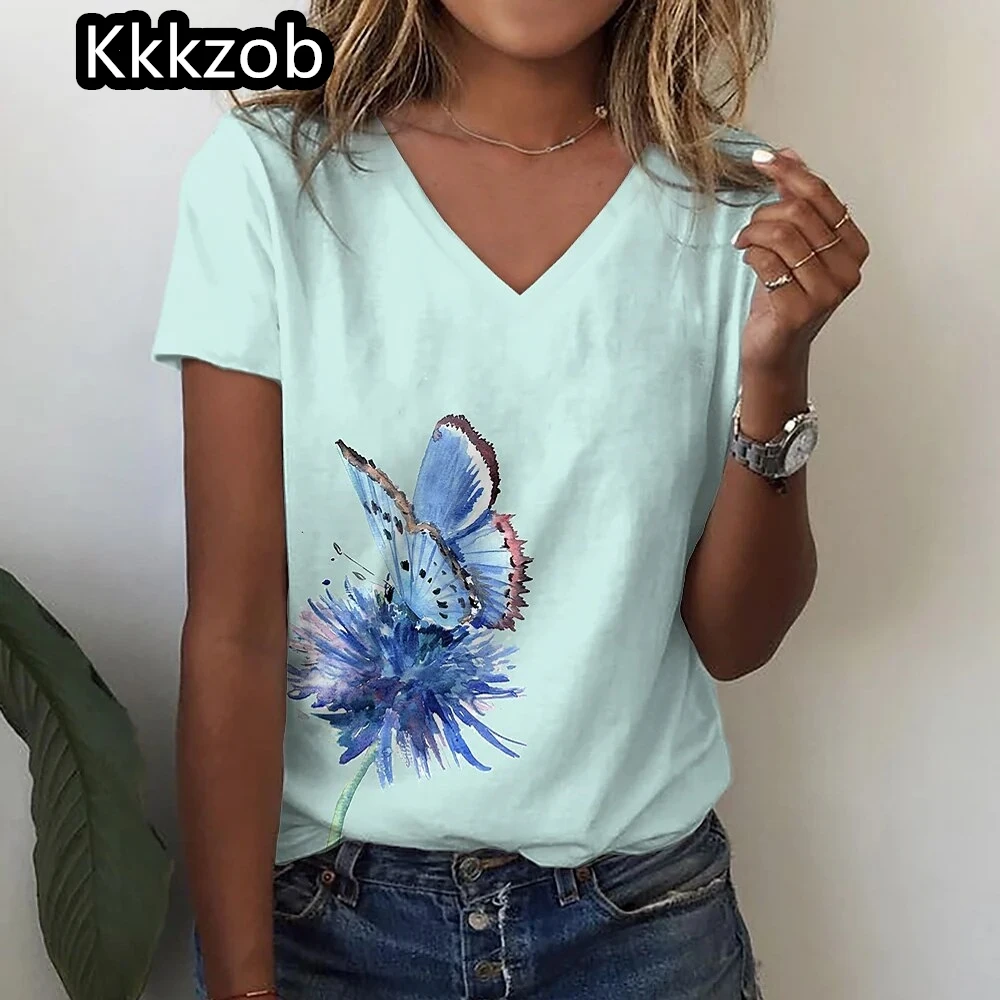 Simple Graphic Print Oversized Women's Trending Clothing New Women T-Shirt Fashion Short Sleeve Shirt Women V-Neck Blouse 2025
