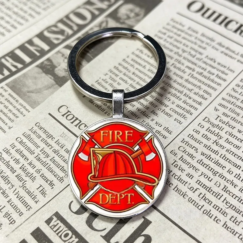 Classic Fire Department Maltese Cross Glass Dome Keychain Fire Hat Axe Ladder Pattern Key Ring Appreciation Gift