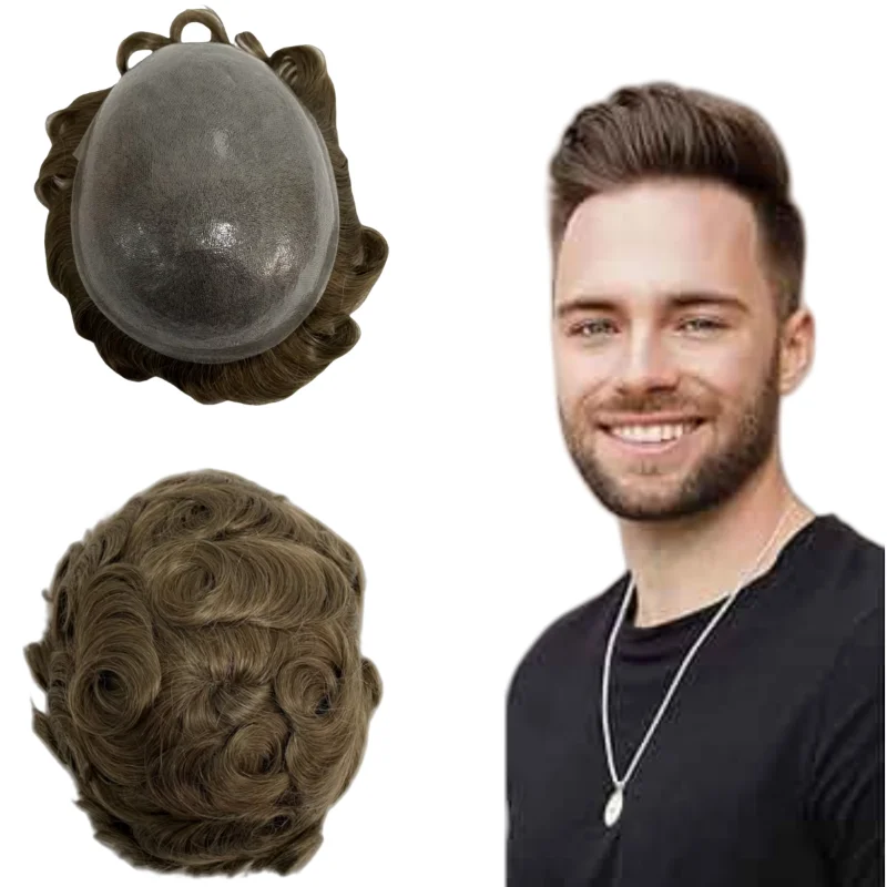 

Indian Virgin Human Hair Replacement 6 Inches 32mm Wave Light Brown Color 7# 8x10 Full Knots PU Toupee for White Men