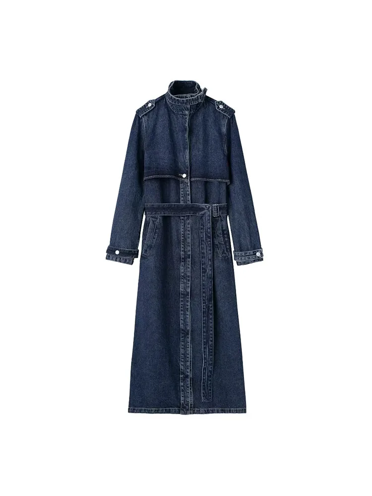 

Американская джинсовая ветровка High Street с поясом, осеннее новое свободное пальто выше колена с воротником-стойкой, повседневный ковбойский стиль